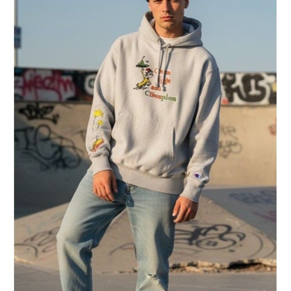 Champion x Dr Seuss Size Medium Reverse Weave Gray Hoodie Sweatshirt Y2K Skater